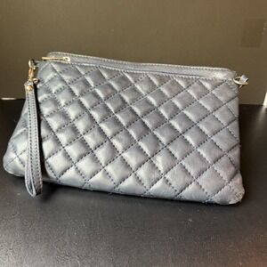 Italian Leather Quilted Crossbody Wristlet Clutch Bag Navy Blue Made in Italy